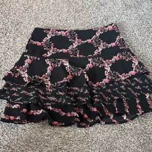 White House Black Market Black Mini Skirt with Pink Floral Ruffles